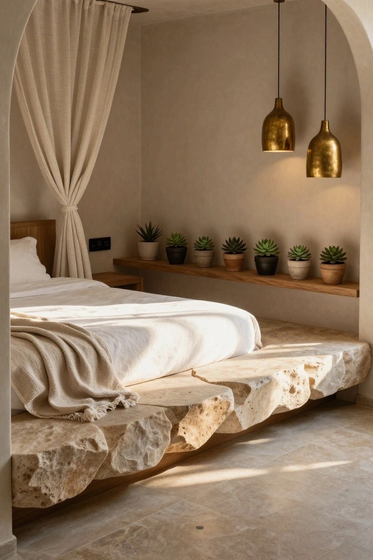 Bedroom interior with low platform bed made from irregular beige stone slabs matching the floor, white sheets and throw, wooden headboard and shelves holding potted succulents, beige curtains on arched window, brass pendant lights, and travertine tile floor.