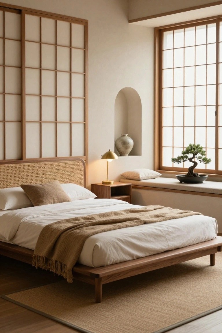 Bedroom with light wooden shoji screens on walls, low wooden platform bed with rattan headboard and beige bedding, brass lamp on nightstand, bonsai tree on window bench, and beige vase in arched niche.
