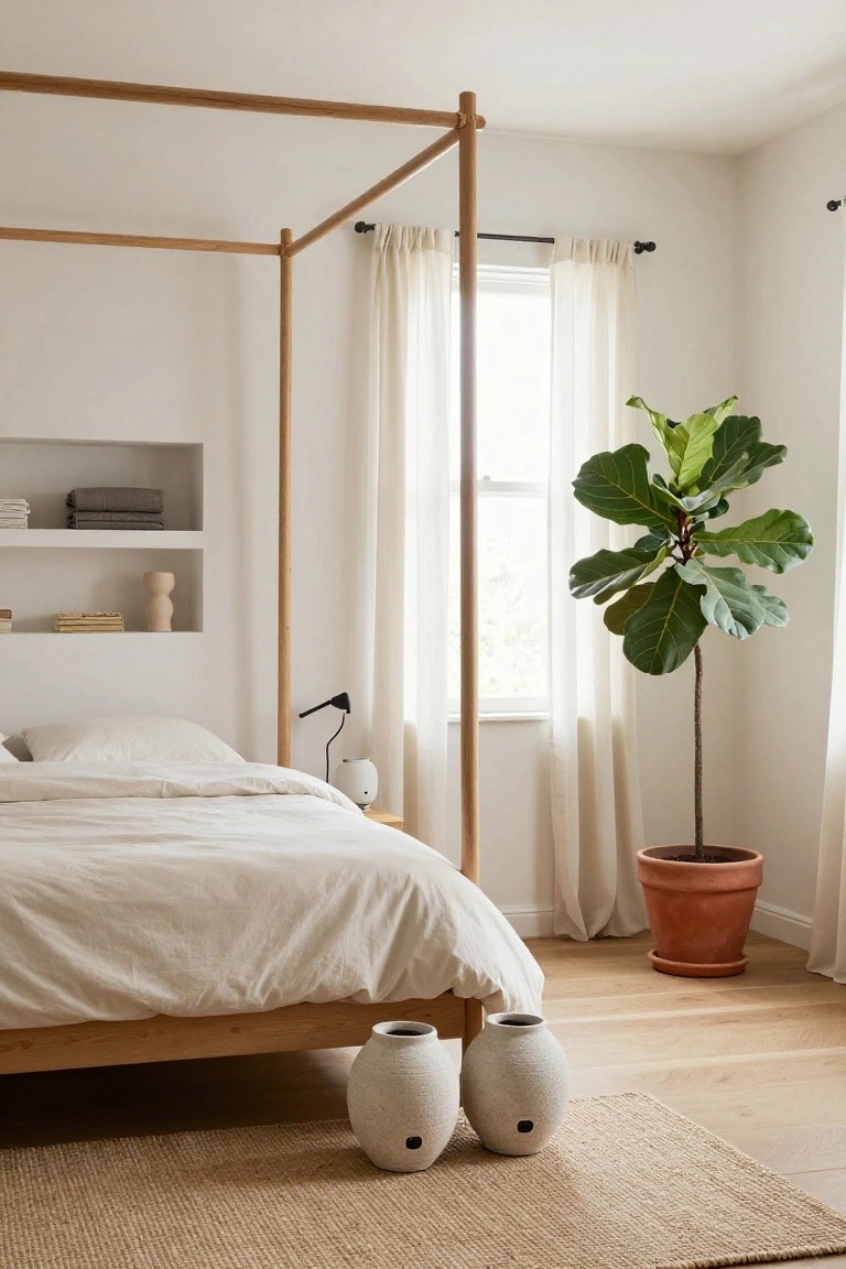 White bedroom interior featuring a wooden canopy bed with white linens, two large white ceramic vases on the floor, niche wall shelving with books and towels, a desk lamp on a bedside table, sheer curtains on a window, and a tall fiddle leaf fig plant in a terracotta pot.