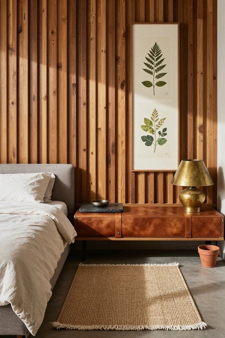 Bedroom interior with warm vertical wood slat wall behind a gray upholstered bed dressed in white linens, brown leather nightstand holding a brass lamp and stone tray, tall framed fern artwork, seagrass rug, and terracotta potted plant on wood floor.