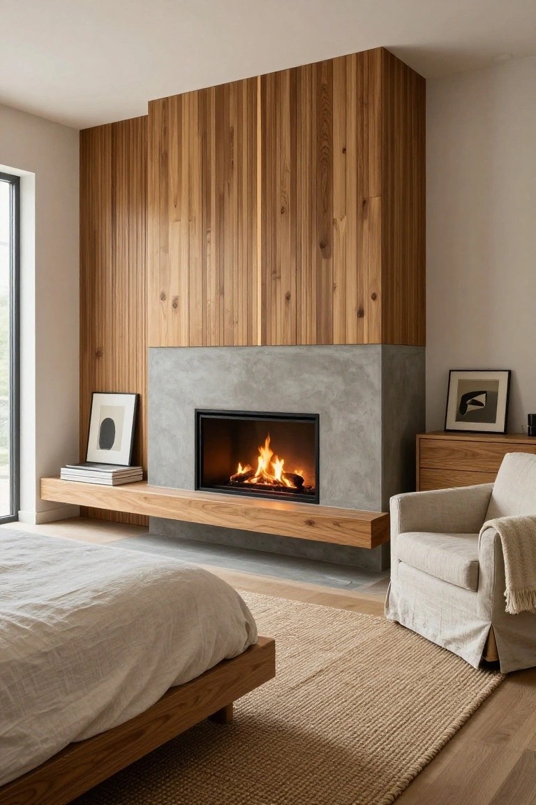 Bedroom interior with tall vertical wood slat wall enclosing a concrete fireplace, floating oak shelf, platform bed on wood floor, armchair, and framed art.