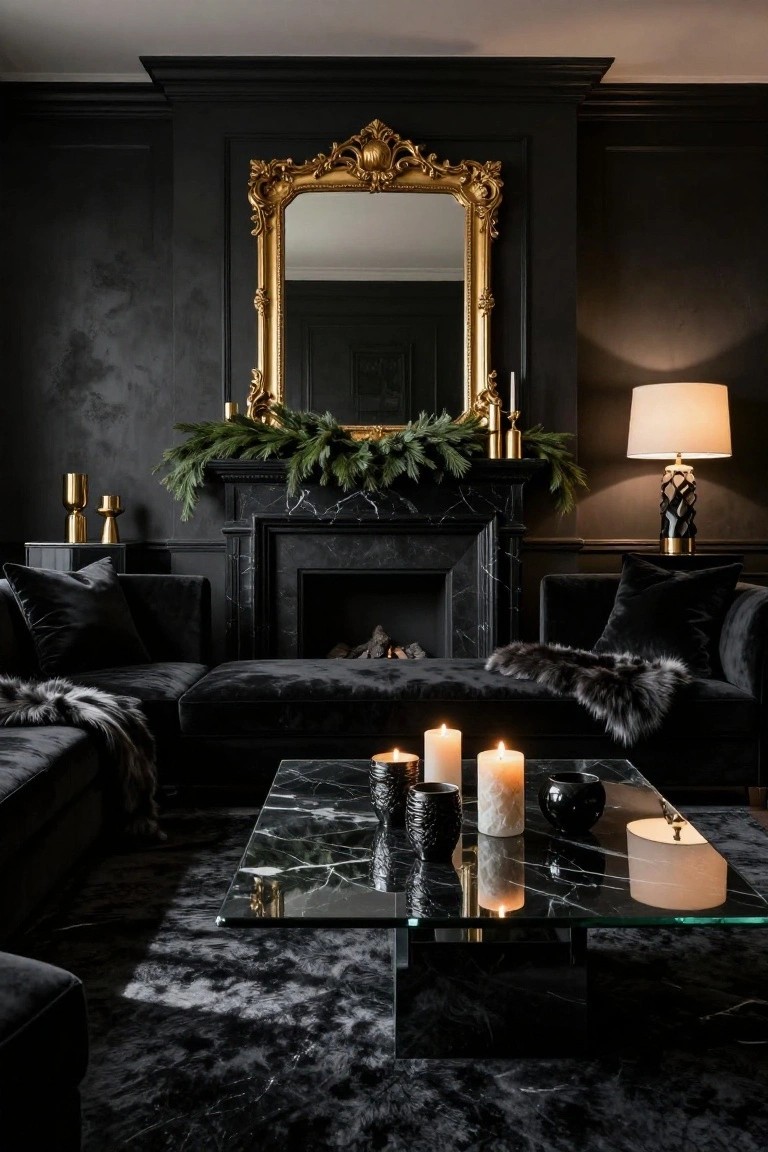 Black-paneled living room with gold-framed mirror over black marble fireplace decorated with evergreen garland, black velvet L-shaped sofa with fur throw and pillows, glass-topped black marble coffee table holding candles and glassware, and black shag rug.