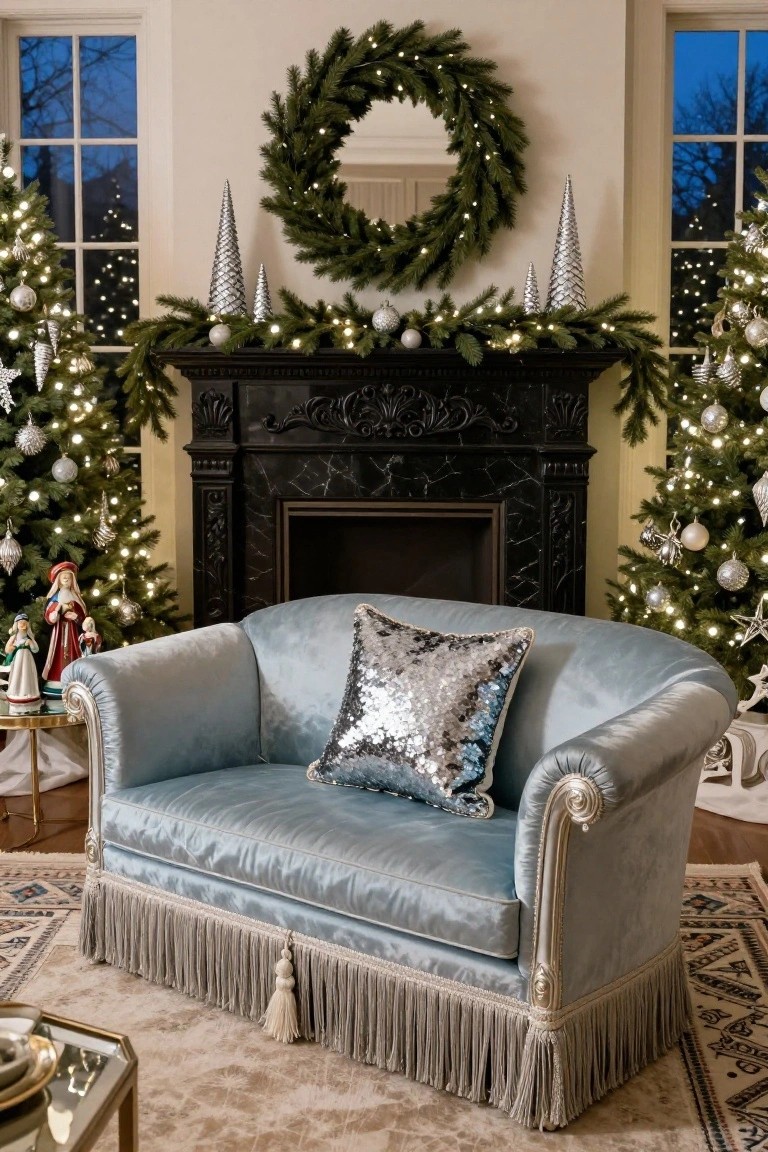 Luxury living room interior with blue velvet sofa facing a black fireplace mantel decorated with evergreen garland, silver trees, ornaments, and lights, flanked by Christmas trees and nutcracker figures.