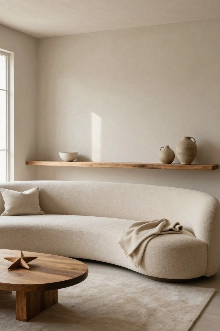 Curved off-white bouclé sofa in a beige living room with wooden floating shelf holding ceramic bowl and vases, round wooden coffee table with star sculpture, light rug, and window light.