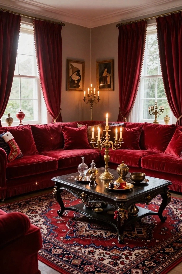 Corner of a luxury living room with L-shaped red velvet sofa, gold candelabras and decorative objects on a carved black table, red velvet curtains on tall windows, framed paintings, and a Christmas stocking on the sofa arm.