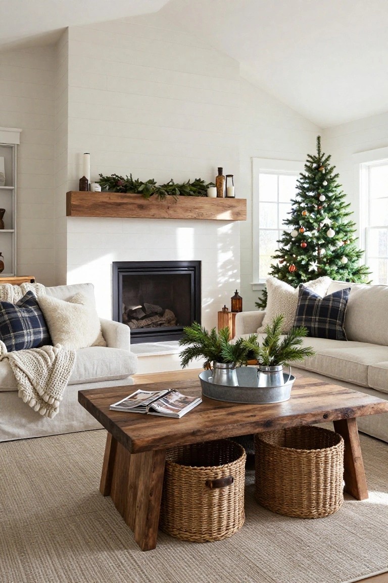 A living room featuring a wood beam mantel over a white brick fireplace decorated with evergreen garland, candles, and branches, a Christmas tree by the window, beige sofa with plaid and sheepskin pillows, rustic wood coffee table with galvanized buckets of greenery and wicker baskets, on a light rug.