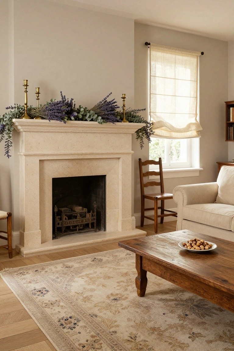 Living room with limestone fireplace mantel decorated with lavender bouquets, eucalyptus leaves, and gold candlesticks, next to a beige sofa, wooden chair, coffee table with nuts, and patterned rug on oak floors.
