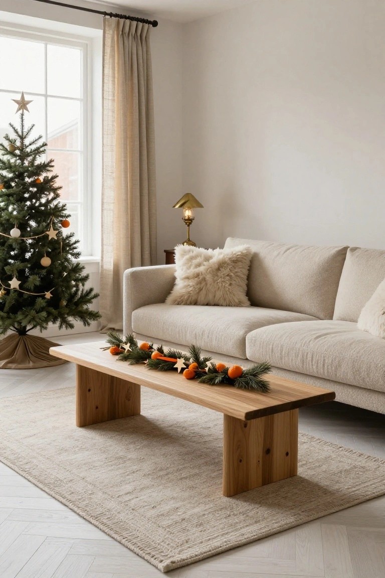 A neutral-toned living room featuring a small Christmas tree, beige sofa with fuzzy pillows, wooden coffee table topped with a garland of pine branches, oranges, and stars, near a window with sheer curtains.