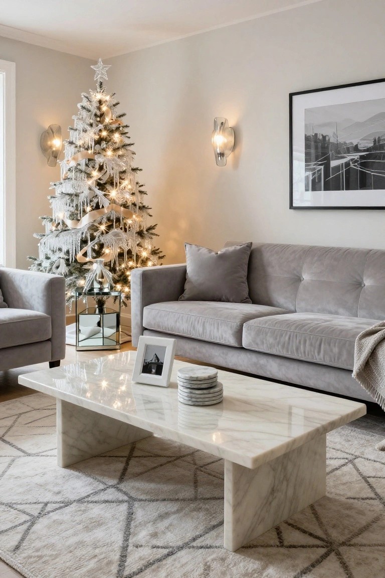 Living room with a tall white frosted artificial Christmas tree decorated with lights, icicles, and ribbons next to gray velvet armchairs and sofa, a glass table, white marble coffee table, and neutral rug.