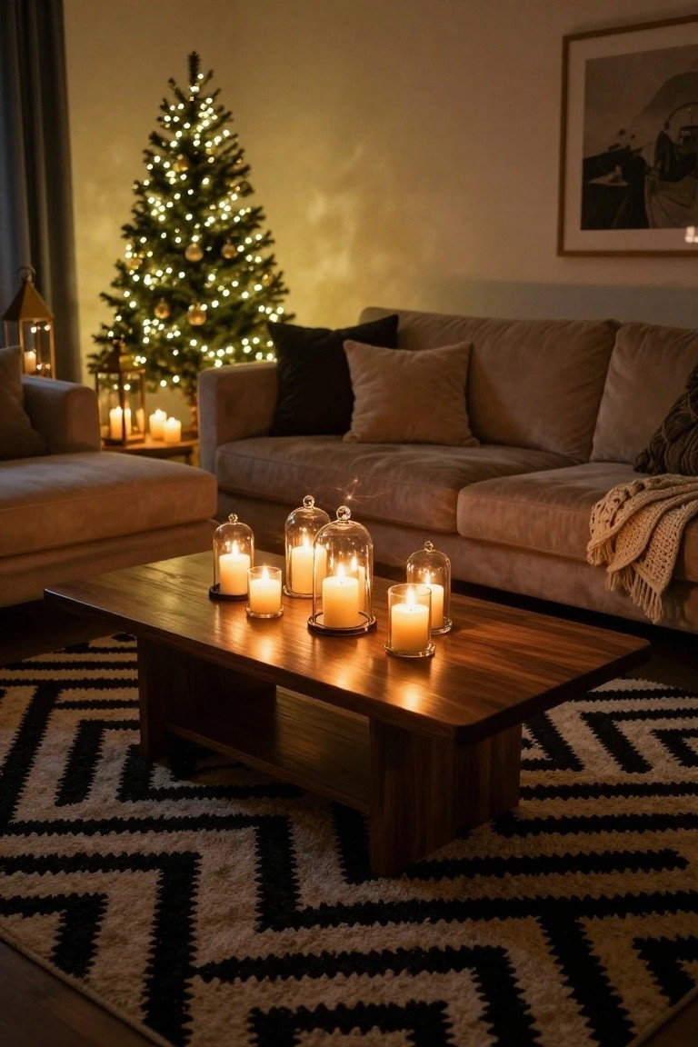 Living room with lit Christmas tree, beige sofas, knitted throw, wooden coffee table holding candles in glass cloches, lanterns nearby, and black-and-white rug on warm-lit evening.