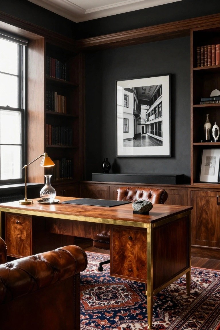 A home office with dark wood paneling, built-in bookshelves, a large brass-trimmed walnut desk, tufted leather chairs, a desk lamp, and a patterned rug.