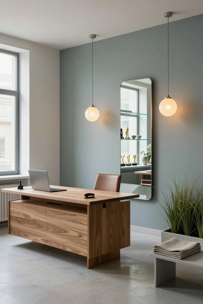 Modern minimalist office with large wooden desk, open laptop, leather chair, pendant globe lights, tall mirror with shelves and awards, potted grass plant in white pot, and concrete bench with folded linens on polished concrete floor.