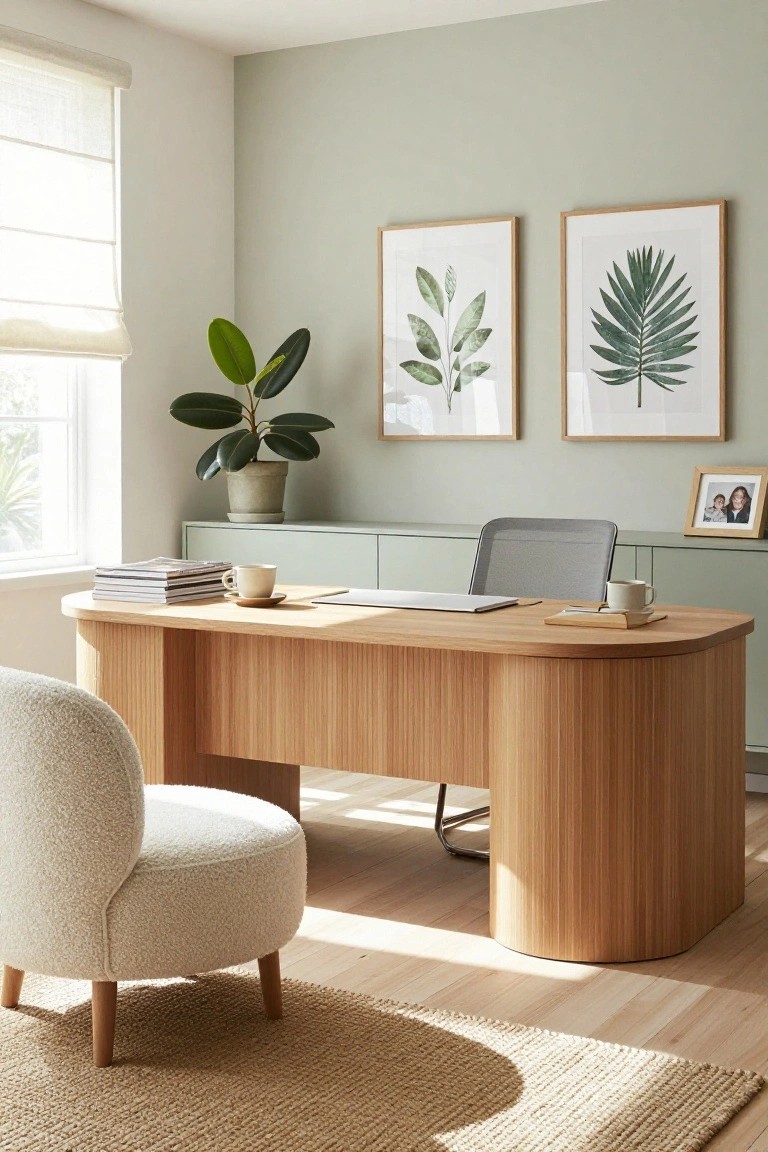 A light home office featuring a curved wooden desk with a laptop, books, and coffee mug, sage green cabinets, a potted plant, leaf artwork on walls, and a cream upholstered chair.