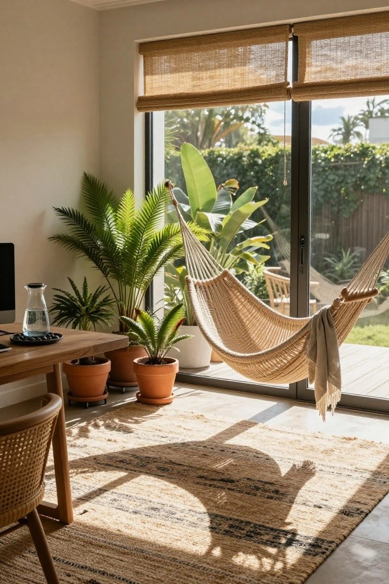 Sunlit home office with wooden desk, multiple potted plants including palms and ferns, hanging beige hammock, rattan chair, and large sliding glass doors opening to a wooden deck surrounded by greenery.