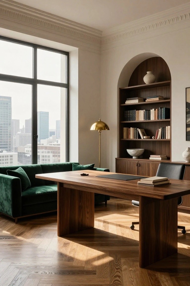 Luxurious office interior with large rectangular wooden desk, green velvet sofa facing it, black leather office chair, wooden bookshelves filled with books and decor objects, gold arched lamp, arched niche with vase, and floor-to-ceiling windows showing city skyline, on herringbone parquet floor.