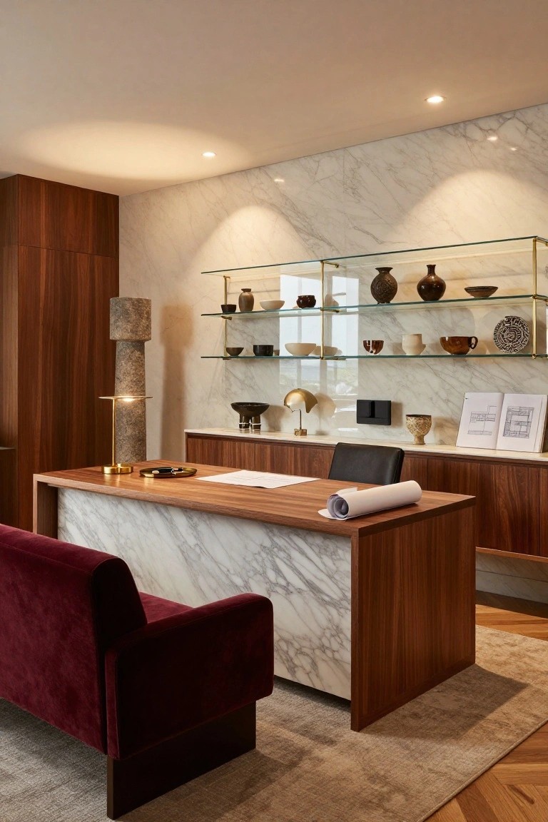 Executive office interior with a large desk featuring white marble top and wood base, red velvet chair, wood cabinets, glass shelves holding ceramics and bowls, marble wall, and desk lamp.