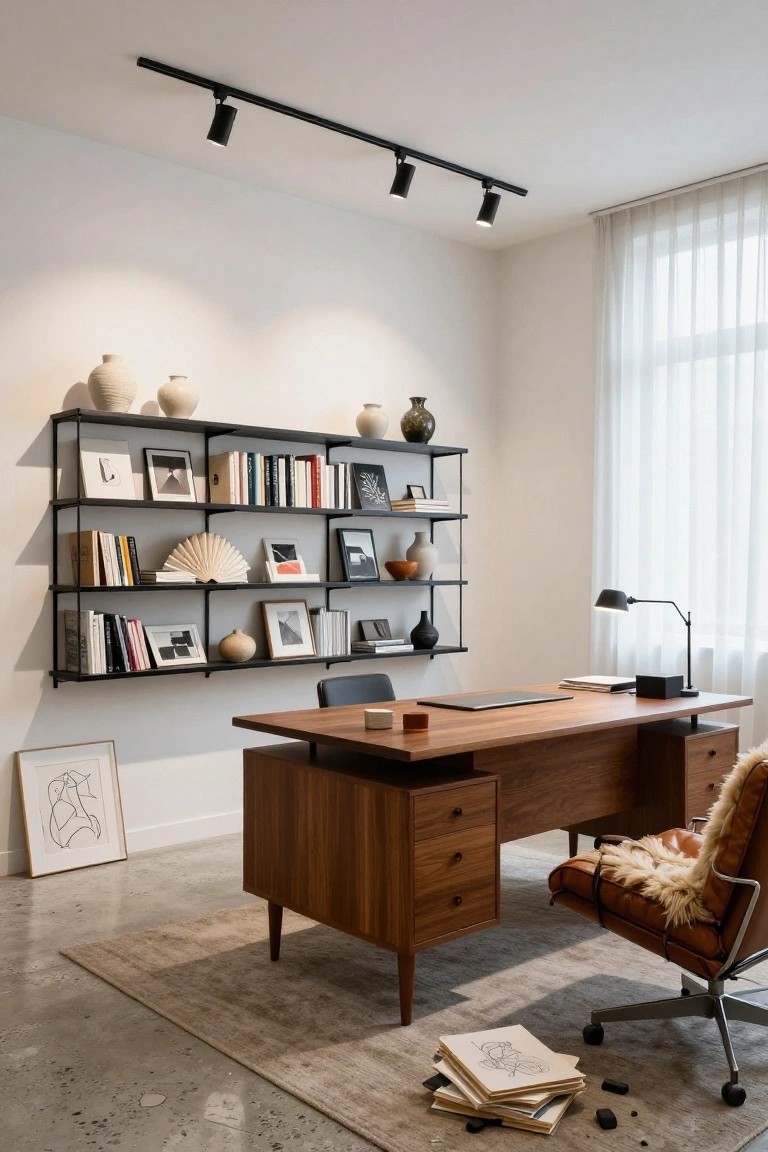 Modern home office with black metal wall-mounted open shelving displaying books, ceramics, art frames, and photos above a large walnut desk, swivel chair with shearling upholstery, desk lamp, track lights, sheer window curtains, and polished concrete floor with rug.
