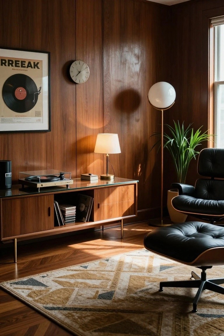 Wood-paneled executive office interior with walnut credenza holding a record player, black Eames lounge chair, table lamp, clock on wall, Freak Out poster, potted plant, globe lamp, and patterned rug on parquet floor.