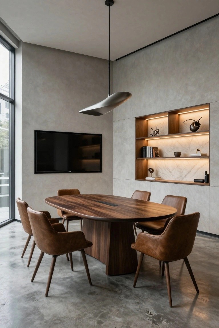 Modern corner office with oval walnut conference table, six tan leather armchairs, wall-mounted TV, illuminated wooden niche shelving with decor, large corner windows, gray walls, and polished concrete floor.