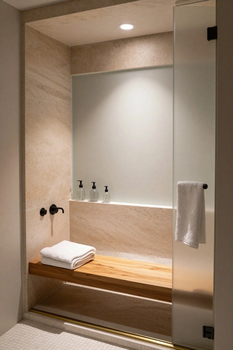 Modern shower area with beige travertine walls and tiled floor, wooden bench seat, niche shelf holding clear glass bottles, black fixtures, white towels, and glass enclosure door.