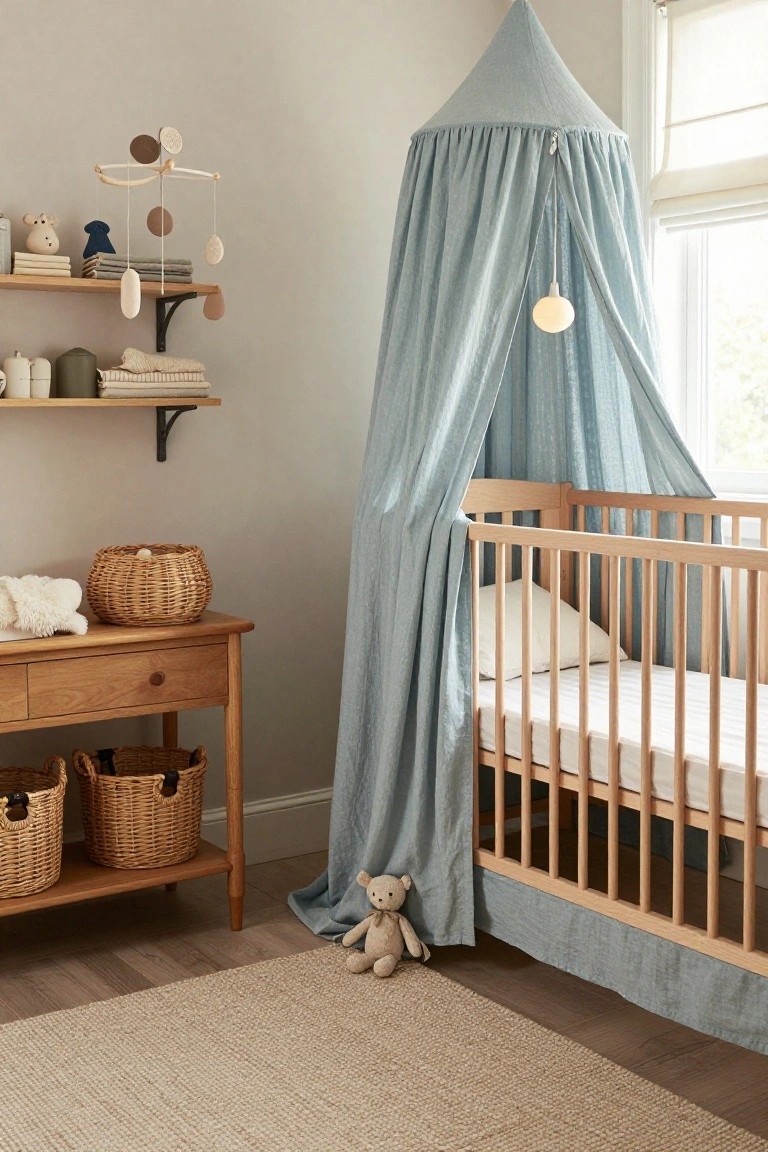 A light nursery room with a wooden crib draped in a peaked light blue fabric canopy, wooden shelves holding books and toys, woven baskets on a wooden table, and a teddy bear on the floor.