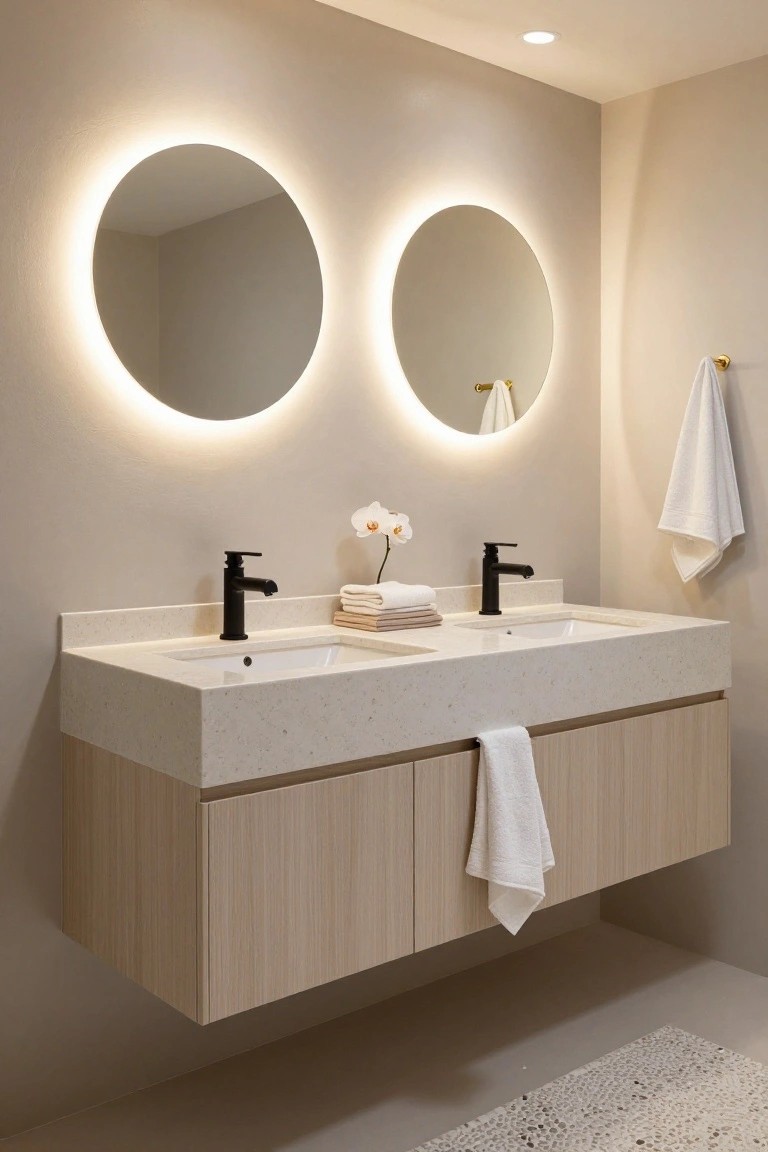 Modern bathroom with a floating double vanity in light wood, white quartz countertop with speckles, two matte black faucets, two large round mirrors with backlit edges, orchids on the counter, stacked towels, and hanging towels on gold hooks and cabinet.