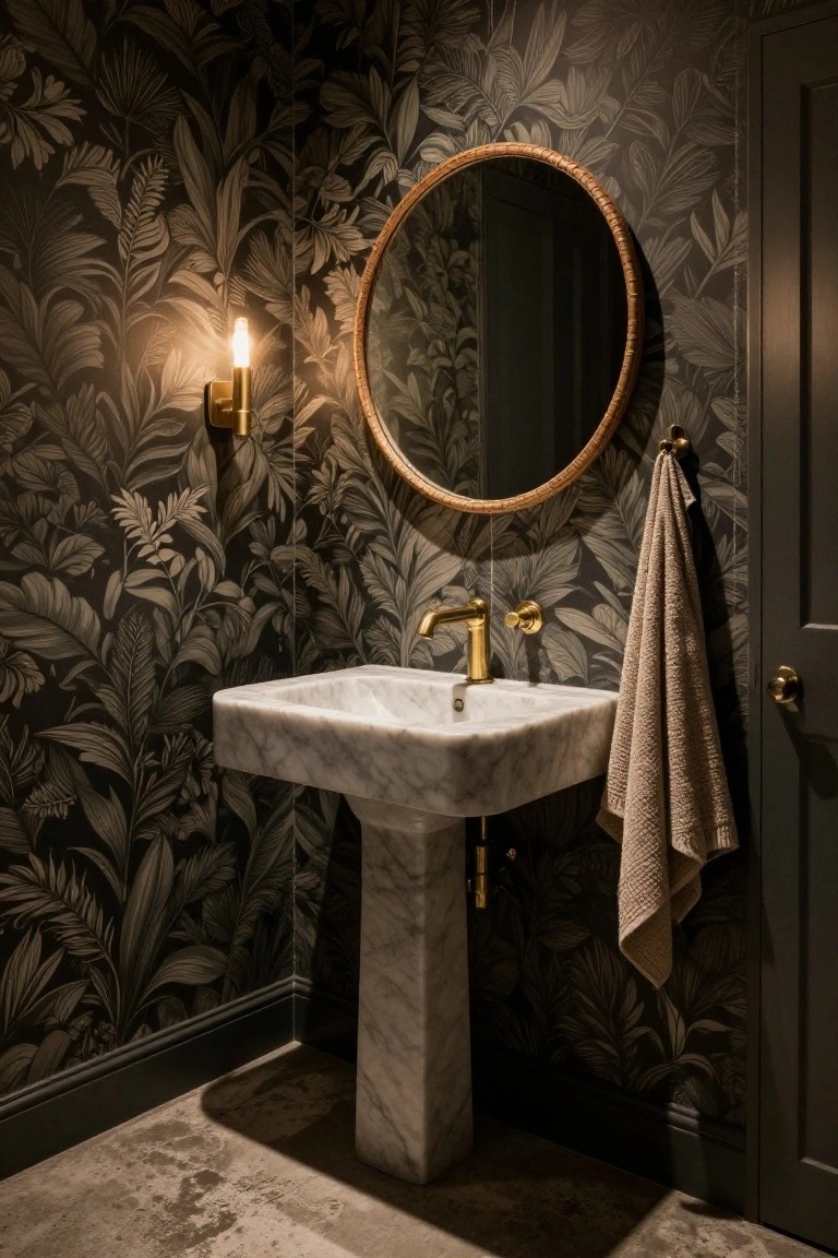 A small powder room with dark green and black botanical wallpaper on all walls, round mirror with rattan frame above a white marble pedestal sink with brass faucet, wall sconce light, beige towel on dark door, and concrete-look floor.