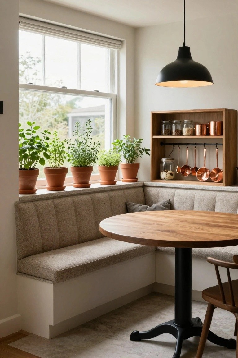 Kitchen corner with beige tufted banquette seating, round wooden table on black pedestal base, wooden chair, potted herbs on windowsill, wooden shelf holding jars and copper pots above hanging utensils, and black pendant light.