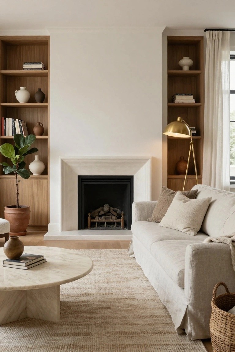 Symmetrical oak built-in bookshelves flanking a white limestone fireplace in a living room with beige linen sofa, round white marble coffee table, gold arched floor lamp, and beige rug.