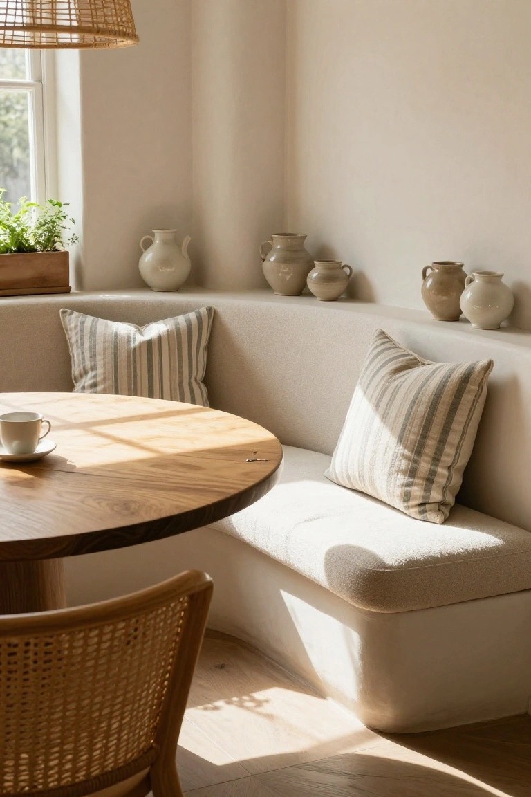 Sunlit indoor corner with curved built-in beige bench, striped pillows, round wooden table holding a teacup, pottery on wall shelves, potted herb plant by window, and rattan chair.