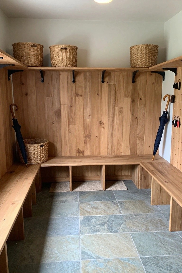 Wood-paneled mudroom with L-shaped oak benches, open shelves holding wicker baskets, wall hooks with umbrellas, and a blue-gray slate tile floor.