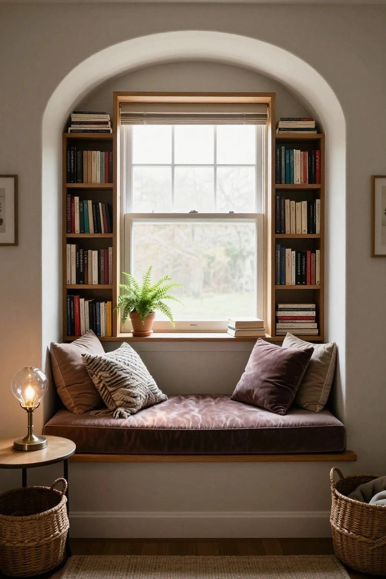 Arched interior window with wooden bookshelves built into walls on both sides filled with books, cushioned window seat below, potted fern plant on sill, table lamp and basket on floor.