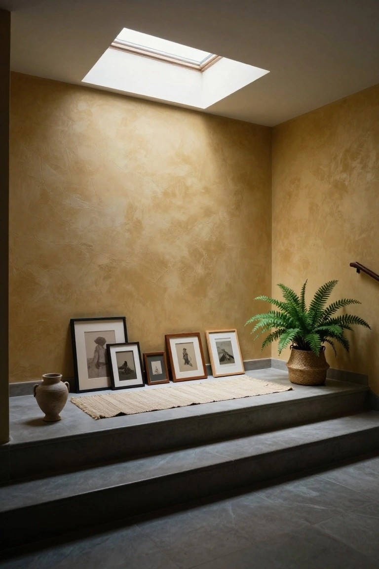 Ochre textured walls in an interior corner with skylight above, concrete stairs at base holding leaning black and wood photo frames of black-and-white images, terracotta vase, seagrass rug, and potted fern in woven basket.