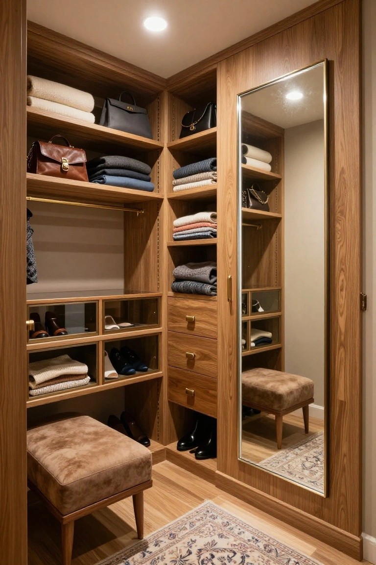 Corner walk-in closet with walnut wood cabinets featuring open shelves with folded clothes and bags, hanging rods, drawers, glass-fronted shoe storage, a full-length mirror door, and a beige upholstered stool on hardwood floor with a patterned rug.