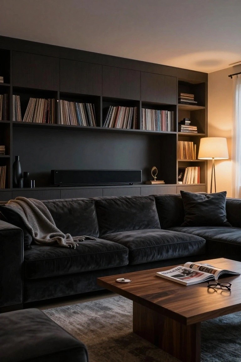 Modern living room with floor-to-ceiling black built-in shelving and cabinets filled with books and records, black velvet L-shaped sofa, wooden coffee table, floor lamp, and ottoman on a gray rug.