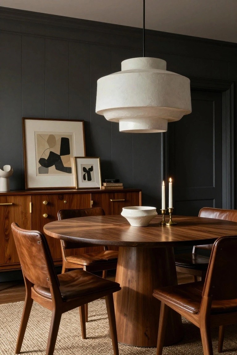 Dining room with dark paneled walls, round walnut pedestal table, four leather chairs, wooden buffet cabinet, white stacked pendant light, abstract artwork, white ceramic bowl and candlesticks on table.