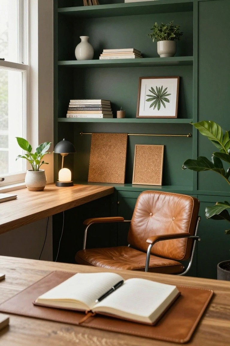 Corner home office featuring deep green built-in shelving and cabinetry with books, plants, a wooden desk, tan leather chair, and desk lamp.