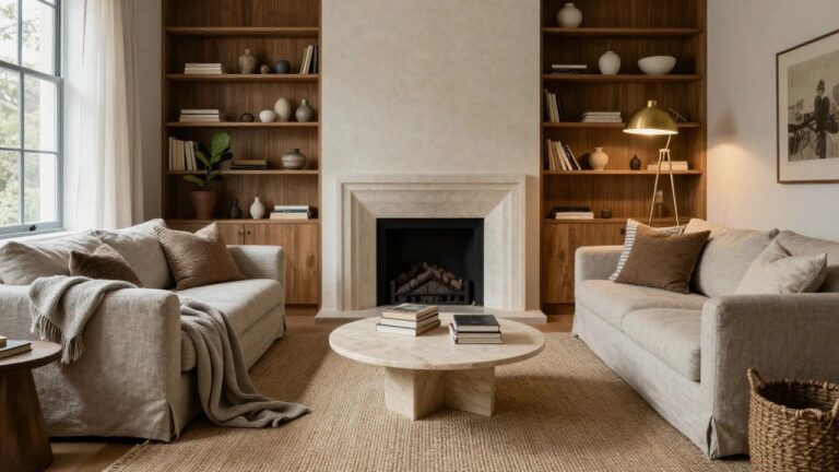 23 Luxury Home Decor Updates That Feel Simple And Elevated Symmetrical oak built-in bookshelves flanking a white limestone fireplace in a living room with beige linen sofa, round white marble coffee table, gold arched floor lamp, and beige rug.