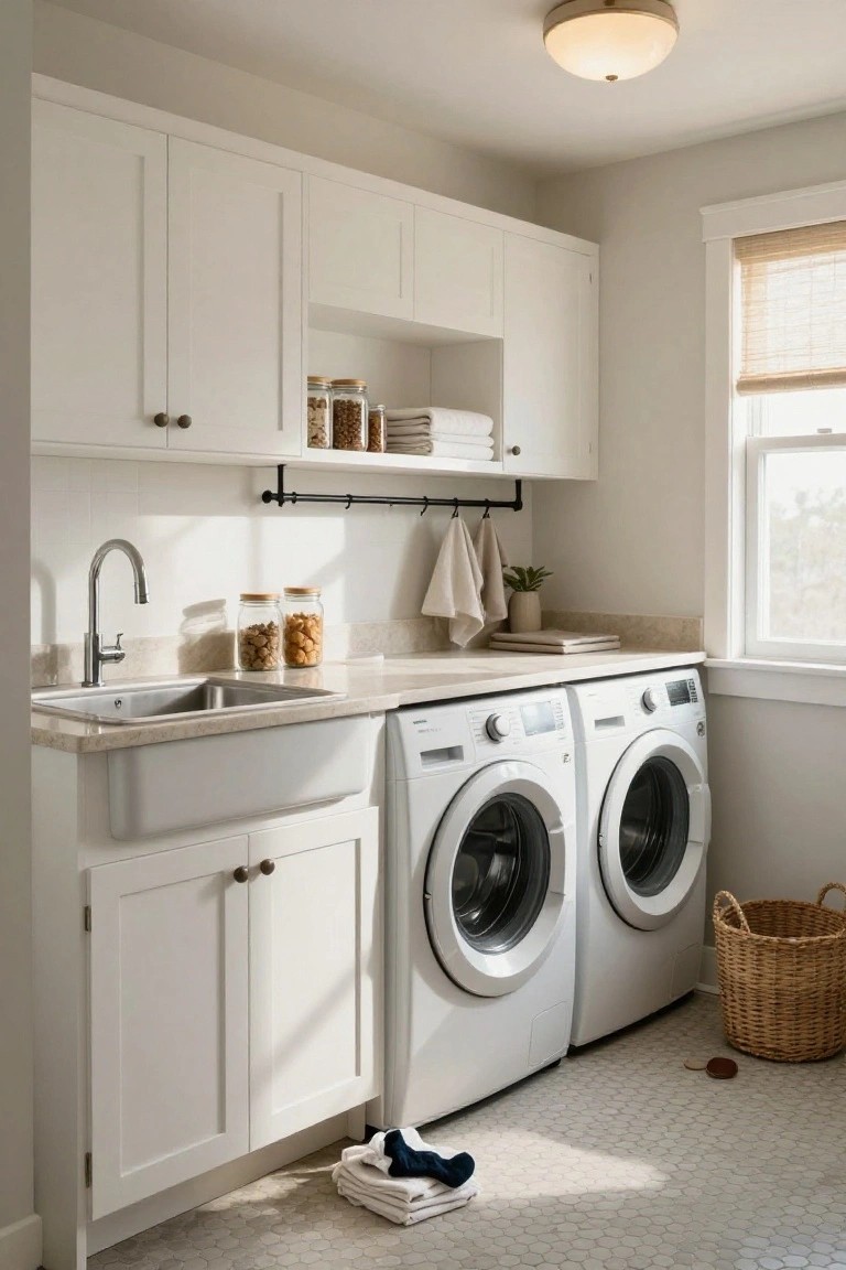 White shaker-style cabinets and open shelving in a laundry room with an apron-front stainless steel sink, two white front-loading washers, hanging rod with towels, jars on shelves, and wicker basket on hexagonal tile floor.