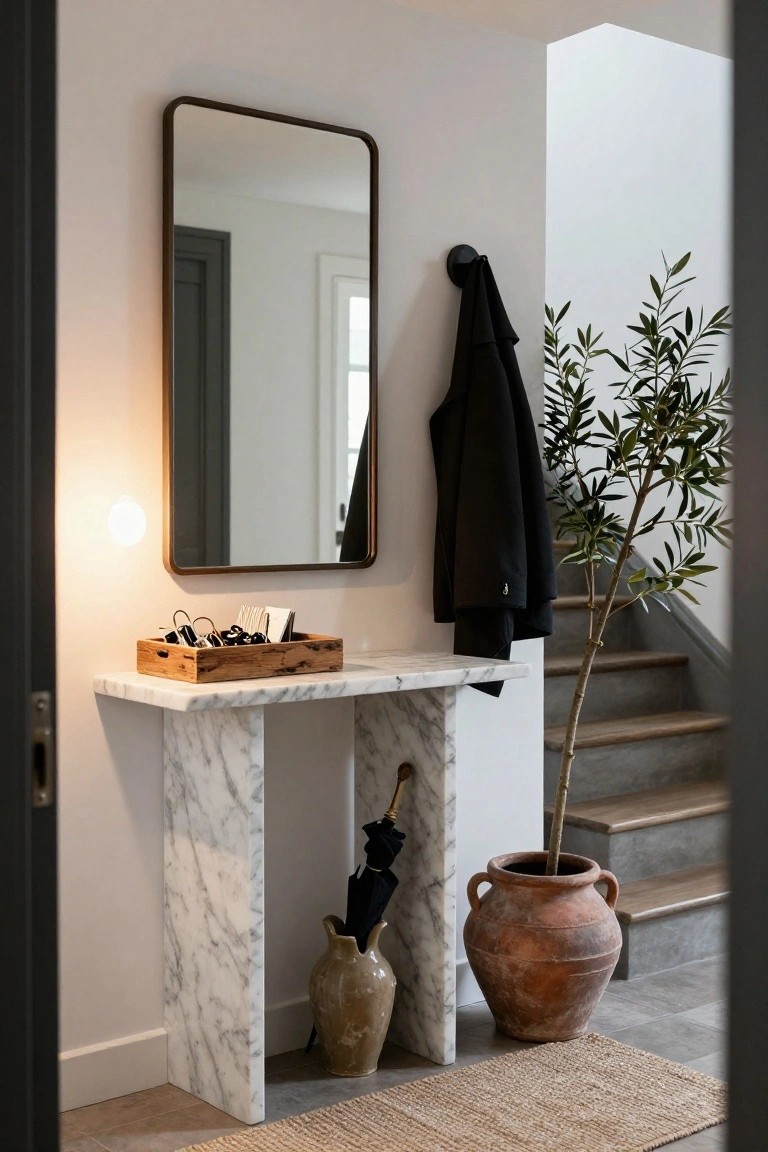 Entryway hallway with slim white marble console table holding wooden tray with keys, round black-framed mirror above, black coat on wall hook, olive tree in terracotta pot, beige vase with umbrella, and stairs in background.