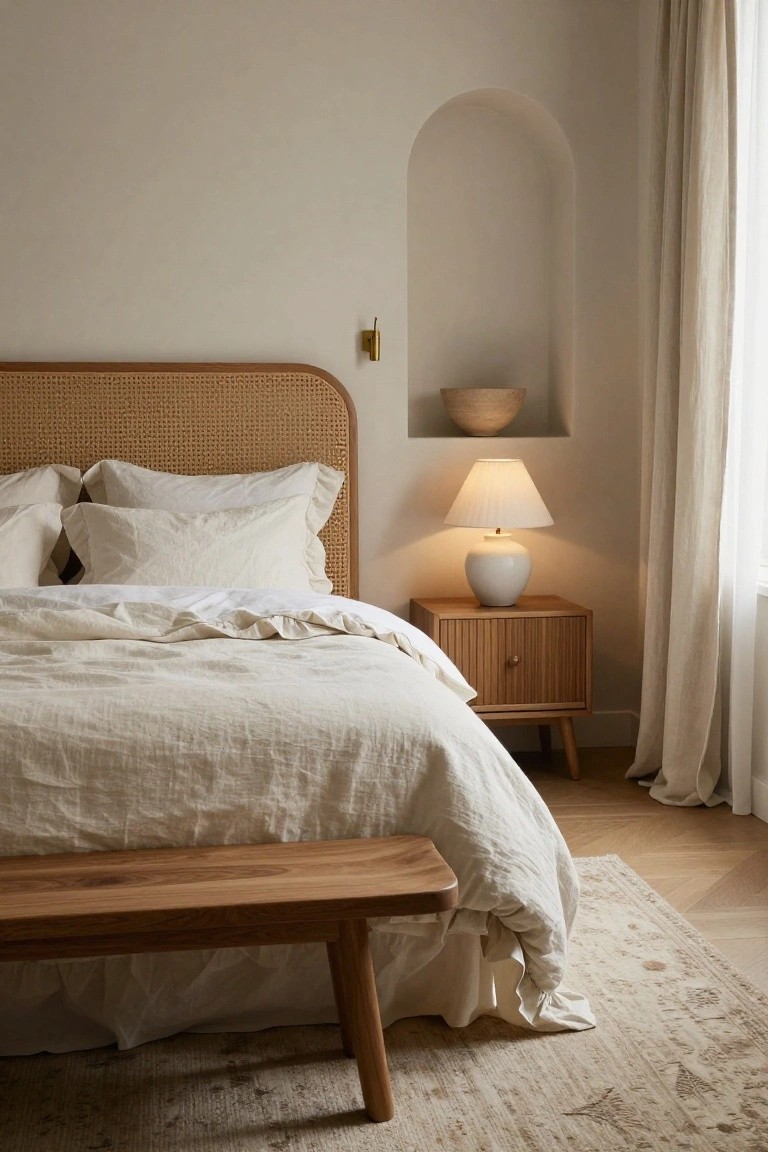 Beige bedroom with rattan headboard, white linen bedding and pillows, wooden nightstand holding white ceramic lamp, wooden bench at bed foot, arched wall niche with bowl, sheer curtains on window, and light wood floor with rug.