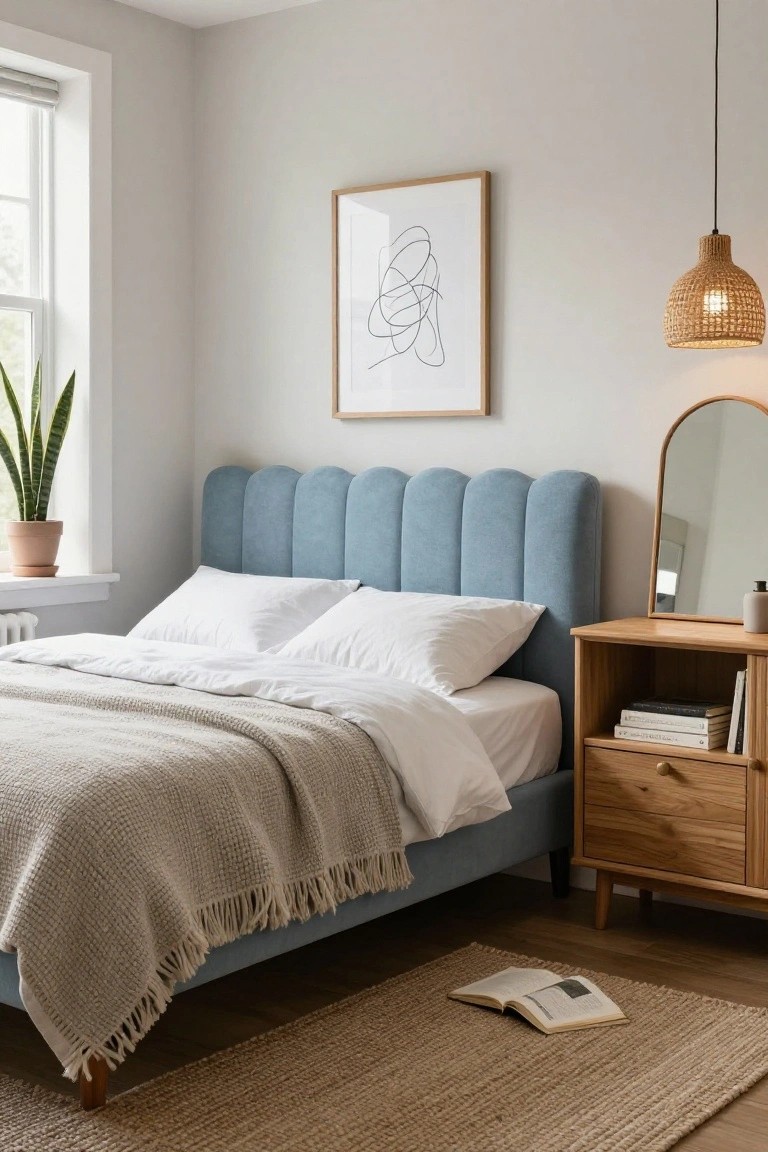 Bedroom with light blue tufted scalloped headboard on upholstered bed frame, white bedding and gray throw, wooden nightstand holding books, potted snake plant by window, rattan pendant light, arched wood mirror, and seagrass rug on wood floor.
