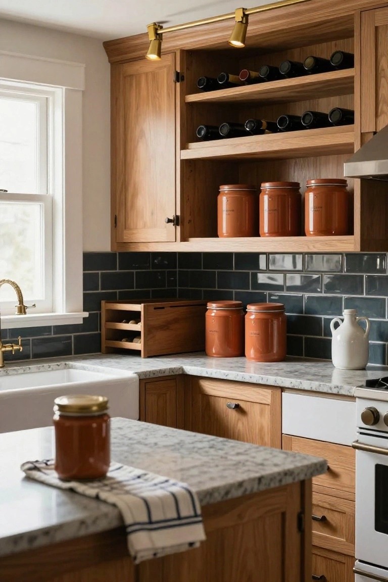 Kitchen corner featuring light oak cabinets, dark blue subway tile backsplash, white farmhouse sink, quartz countertops with terracotta canisters, open wine racks, and wood wine box.