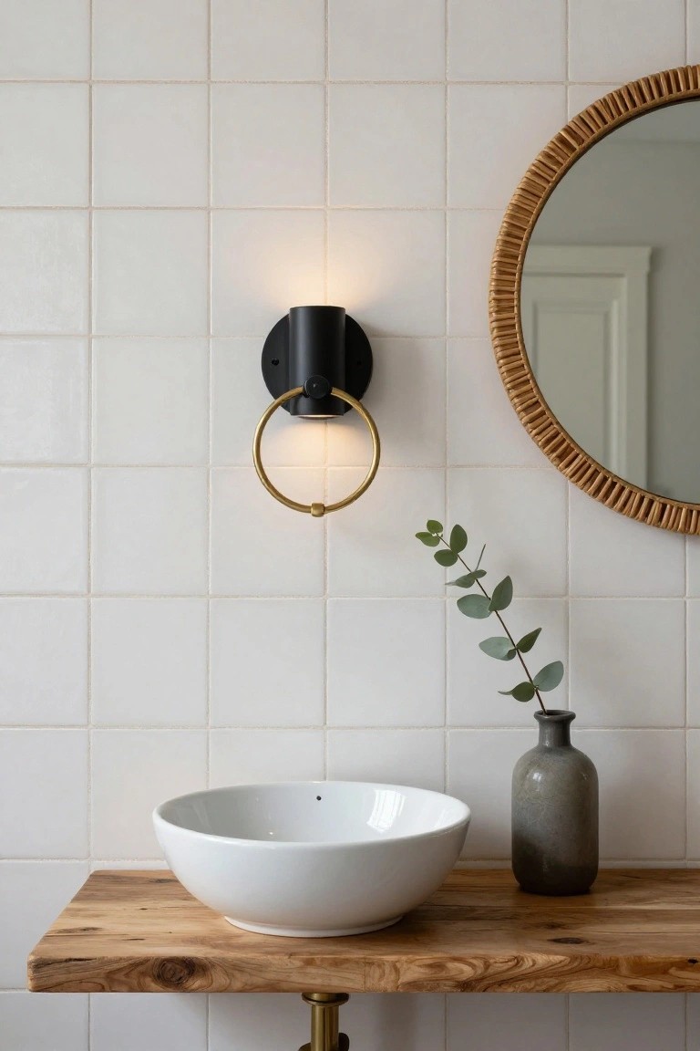 White bowl sink on a live-edge wooden floating shelf above brass legs, in a bathroom with white subway tile walls, rattan round mirror, black wall sconce with gold towel ring, gray vase with eucalyptus sprig, and wooden countertop edge.