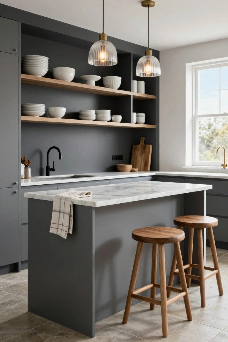 Kitchen with charcoal gray cabinets, white marble island holding a folded towel, two round wooden bar stools, open wood shelves displaying stacked white plates and bowls, black matte faucet in the sink, brass pendant lights, and a window with natural daylight.