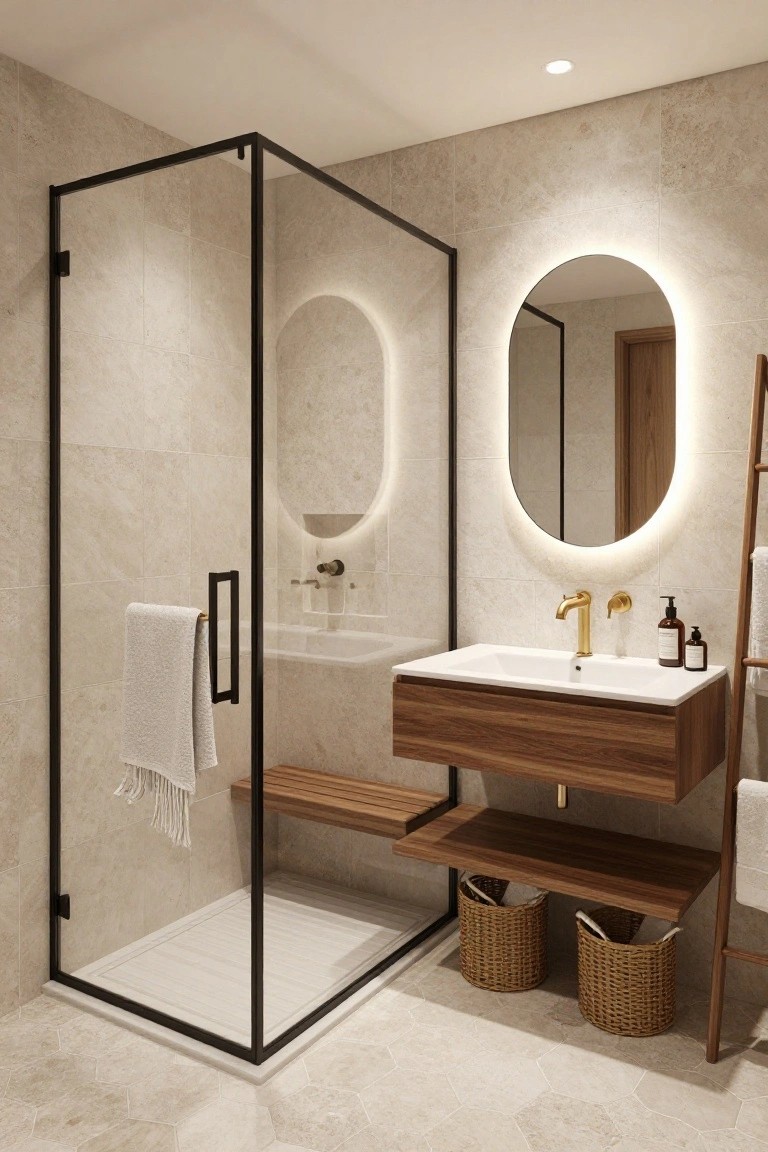 Modern bathroom with black-framed glass shower, suspended wooden vanity under white sink and gold faucet, oval backlit mirror on beige tiled wall, wooden ladder with towels, and two woven baskets on floor.