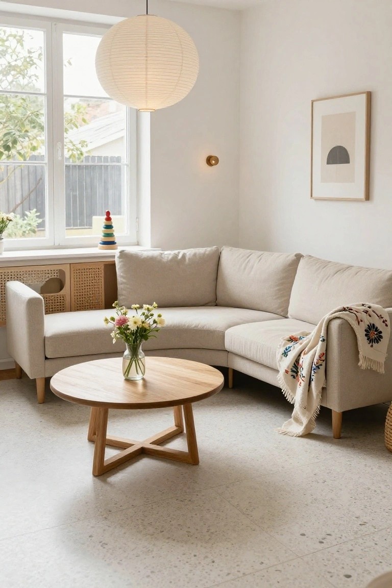Bright living room with beige L-shaped sofa, round wooden coffee table, and paper lantern.