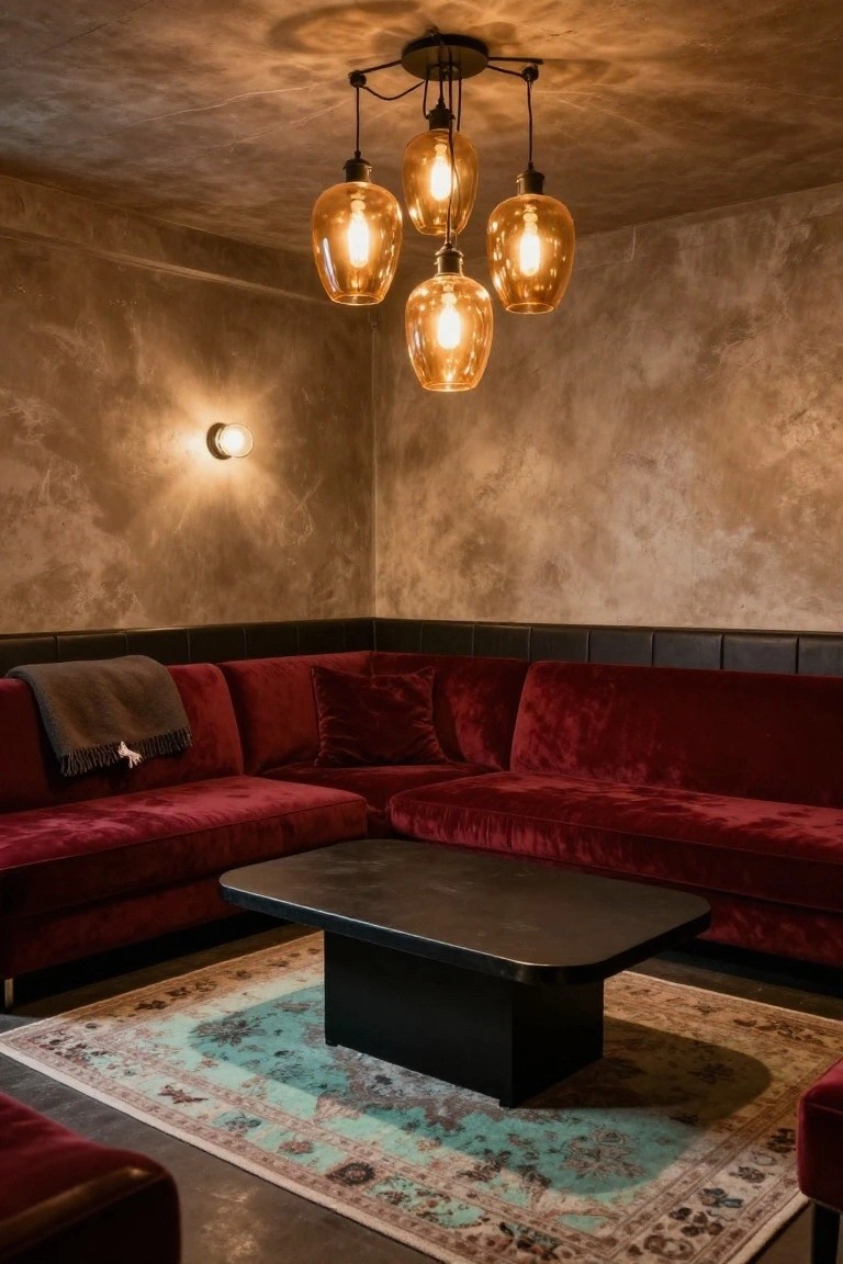 Corner lounge with L-shaped red velvet sofa, gray blanket draped over one arm, low black rectangular coffee table, turquoise and beige rug, and five amber glass pendant lights hanging from ceiling in room with textured beige walls and wall-mounted light.