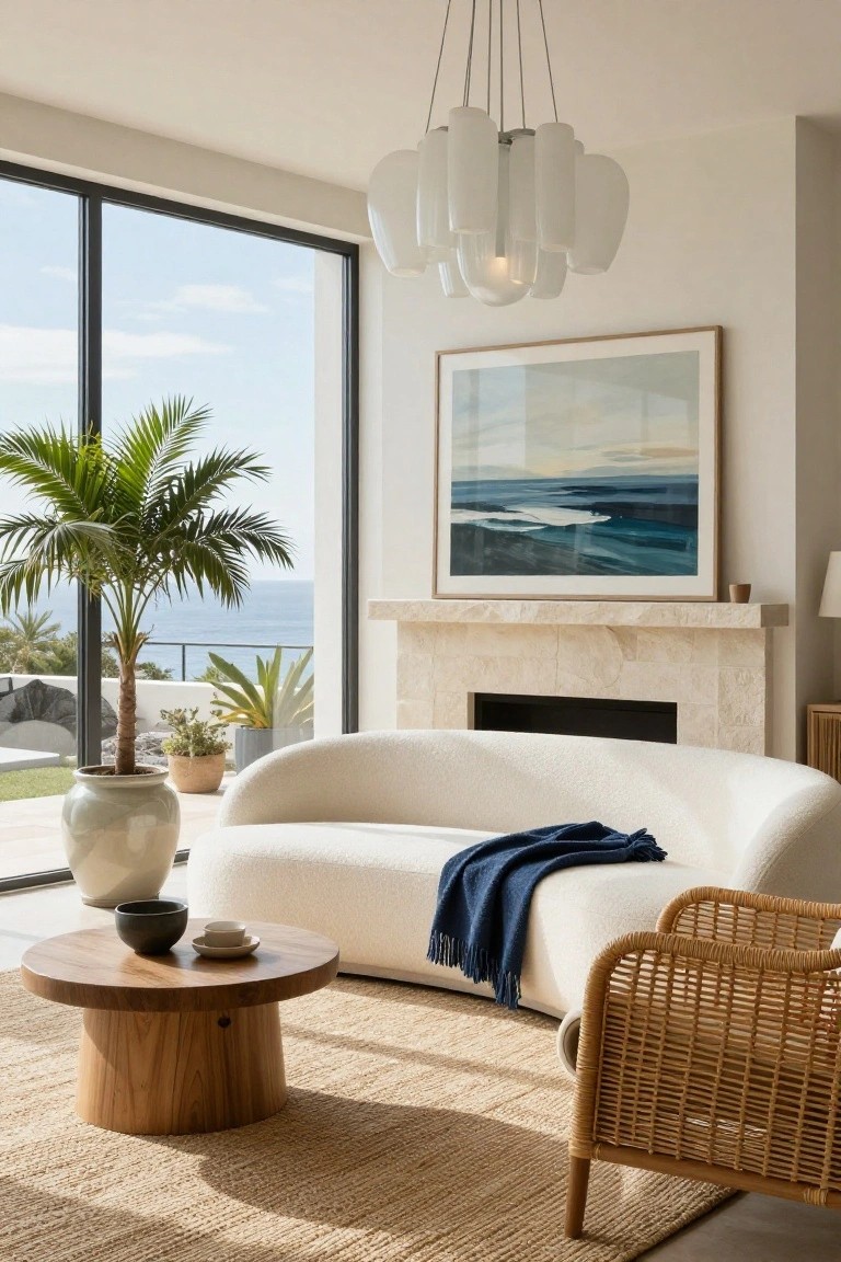 Modern living room with curved white sofa, navy throw blanket, round wooden coffee table, rattan chair, stone fireplace, large potted palm, and ocean view through floor-to-ceiling windows.