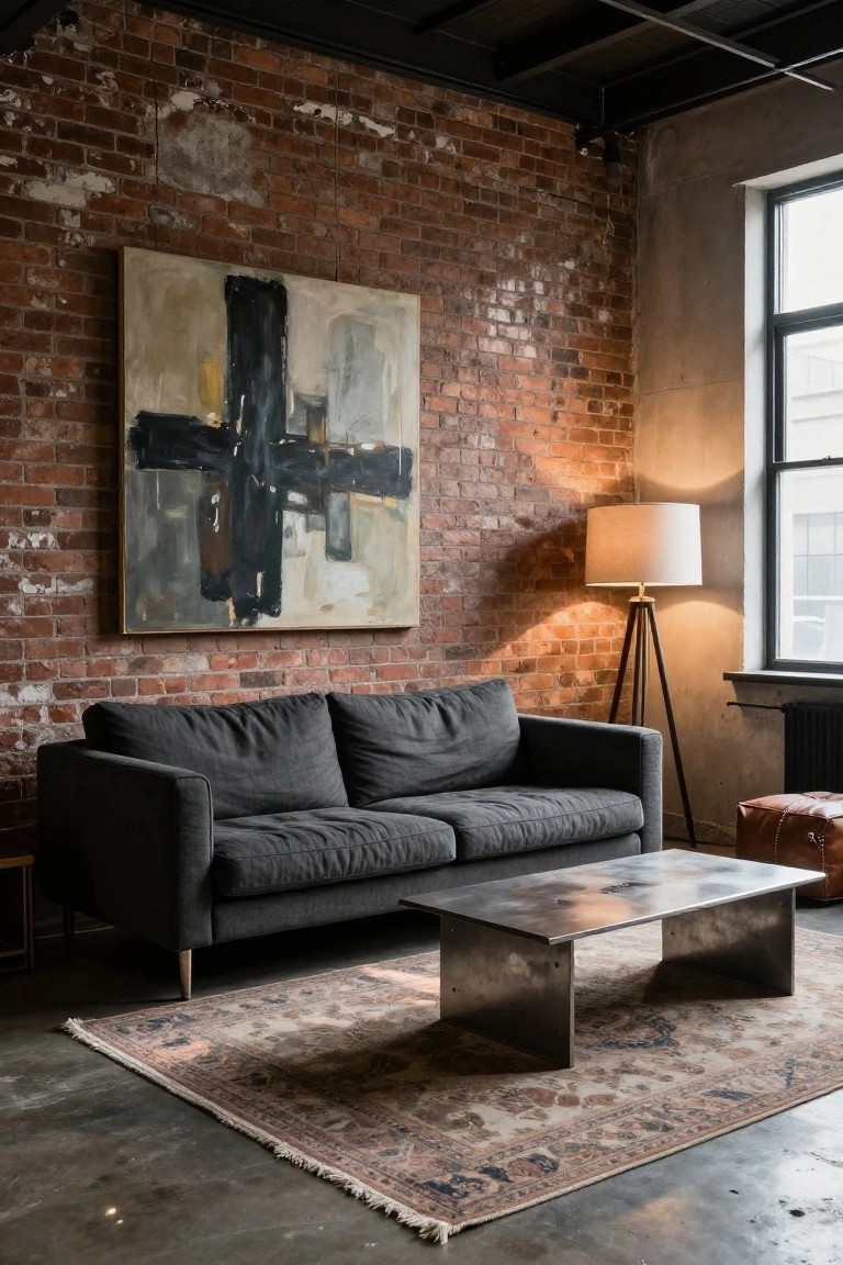Exposed red brick walls in an industrial room with a large abstract painting, gray L-shaped sofa, metallic coffee table, tripod floor lamp, patterned rug, and leather pouf.